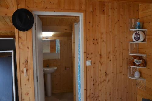 a bathroom with wooden walls and a sink and a mirror at La cabane de Robinson à 500m de la plage in Lacanau