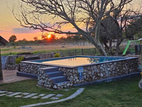 a swimming pool with a rock wall and a tree at Tamboti Farm Self-Catering Accommodation in Tsumeb
