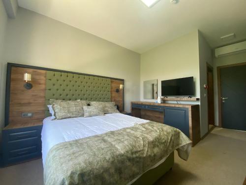 ein Schlafzimmer mit einem großen Bett und einem TV in der Unterkunft mysiaolympos in Kestel