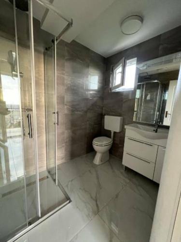 ein Bad mit einer Dusche, einem WC und einem Waschbecken in der Unterkunft Apartman za odmor Varović in Križevci
