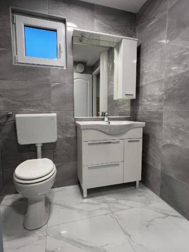 ein Badezimmer mit einem WC, einem Waschbecken und einem Spiegel in der Unterkunft Apartman za odmor Varović in Križevci