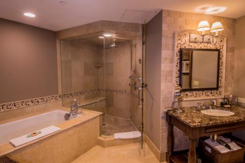 bagno con vasca, lavandino e doccia di Aspen Mountain Residences, Luxury 2 BR Residence 15,1 Block from Ski Lifts ad Aspen