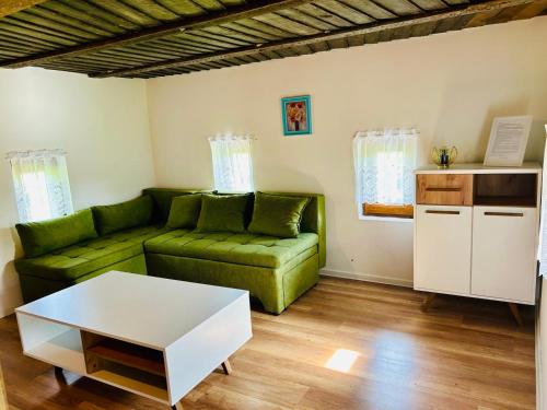 ein Wohnzimmer mit einem grünen Sofa und einem Tisch in der Unterkunft Vikend na Ozrenu in Bosansko Petrovo Selo