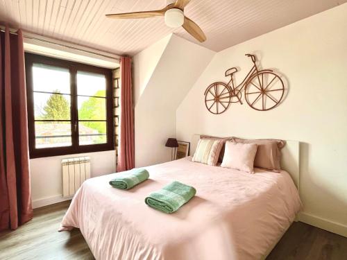 ein Schlafzimmer mit einem Bett mit einem Fahrrad an der Wand in der Unterkunft Appartement en plein centre ville in Milly-la-Forêt