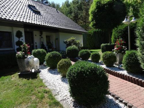 Casa con jardín con arbustos y pasarela en Schöne Ferienwohnung am Wald gelegen mit großem Sonnenbalkon, 