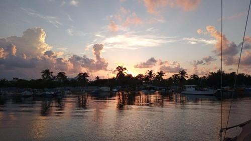 una puesta de sol sobre un puerto con barcos en el agua en Bote anclado libre sobre el arrecife lejos de la costa en Isla Mujeres