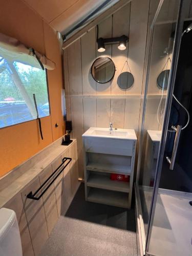 a bathroom with a sink and a mirror at Safari Lodge Grou, luxe kamperen op een eiland! in Grou