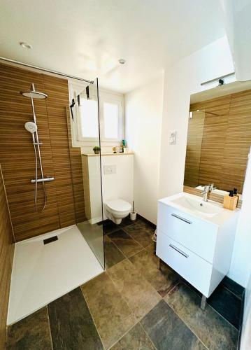 une salle de bain avec une douche, des toilettes et un lavabo dans l'établissement P’tit bonheur, au Grau-dʼAgde
