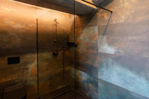 baño con ducha y puerta de cristal en 4 Strony Apartamenty w Wodnej Wieży, en Pszczyna