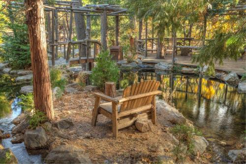a wooden bench sitting in front of a pond at Arrowhead Pine Rose Cabins in Twin Peaks