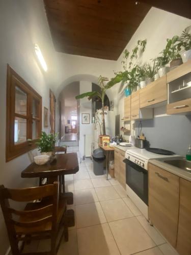 a kitchen with a table and a dining room at Backpackers & Travelers Central old town in Ioannina