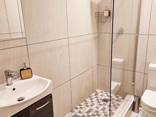 Un baño con ducha, lavabo e inodoro. en Studio 37 Hyde Park Apartments, en Ciudad del Cabo