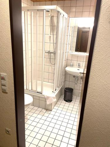 a bathroom with a shower and a toilet and a sink at Apartment bei Stenze inklusive kostenlosem regionalem Nahverkehr in Senheim