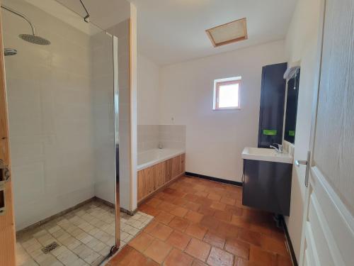 a bathroom with a shower and a sink and a tub at Domaine d'Azéou in Laure-Minervois