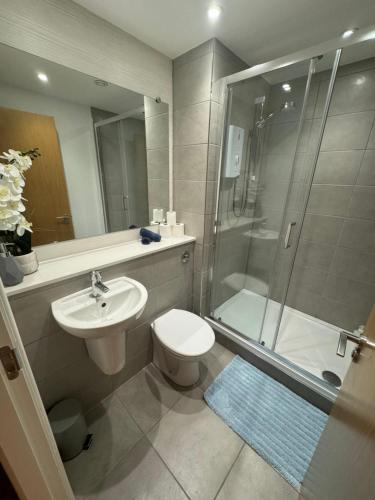 a bathroom with a toilet sink and a shower at IVI Granton Harbour Apartment in Edinburgh
