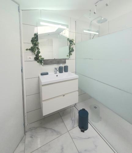 une salle de bain blanche avec un lavabo et un miroir dans l'établissement Beau studio à Oléron, à Grand-Village-Plage