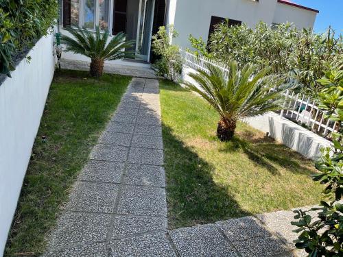 a walkway in front of a house with two palm trees at Villetta familiare a Potenza Picena in Potenza Picena