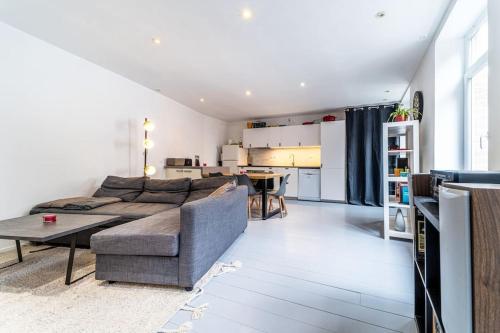 ein Wohnzimmer mit einem Sofa und einem Tisch in der Unterkunft Loft, proximité centre et gare in Lille