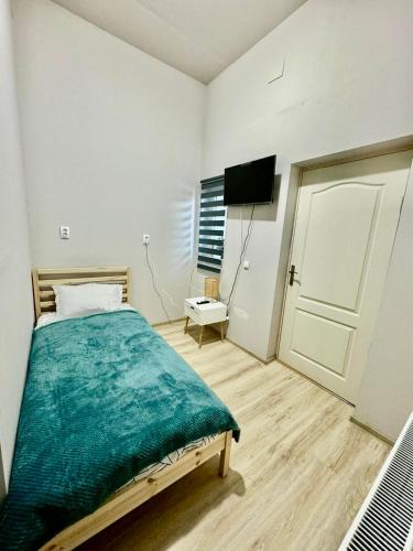 una camera con letto, televisore e porta di Serbian House a Timişoara