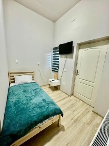 ティミショアラにあるSerbian Houseのベッドルーム(ベッド1台、テレビ、ドア付)