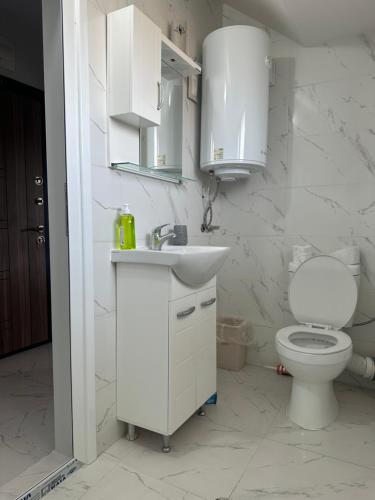 a white bathroom with a toilet and a sink at Varna Vinitsa in Varna City