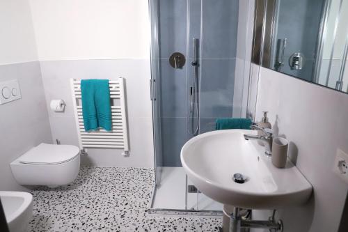W łazience znajduje się umywalka, toaleta i prysznic. w obiekcie PadovaResidence Apartments - vista Piazza delle Erbe e Palazzo della Ragione w Padwie