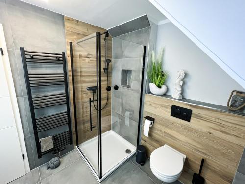 uma casa de banho com um chuveiro e um WC. em Ferienhaus Wattbrise em Büsum