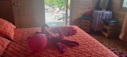 a bedroom with a bed with pink balloons on it at CABAÑA ALTO DE LUNA 1 in La Vega