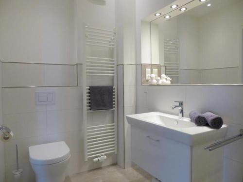 uma casa de banho com um WC, um lavatório e um espelho. em Premium-Penthouse Oceans Eleven, Am Alten Deich 14 11 em Dangast