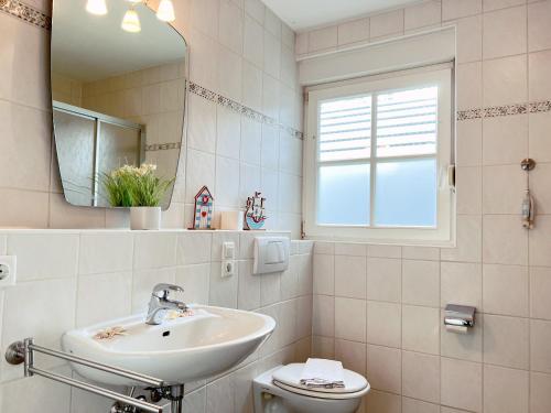 a bathroom with a sink and a toilet and a mirror at Apartmenthaus am Nordseestrand Whg 10 An der Rennweide 1B, 70qm in Dangast