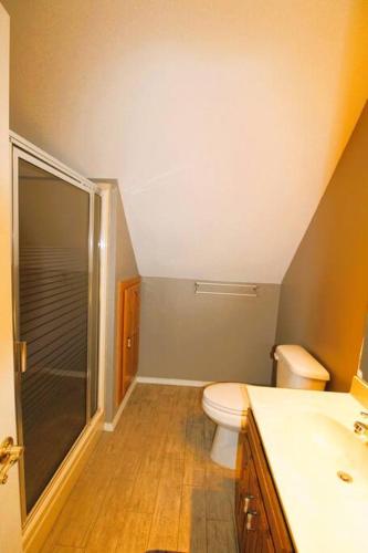 a bathroom with a toilet and a glass shower at Hummingbird Hideaway in Branson