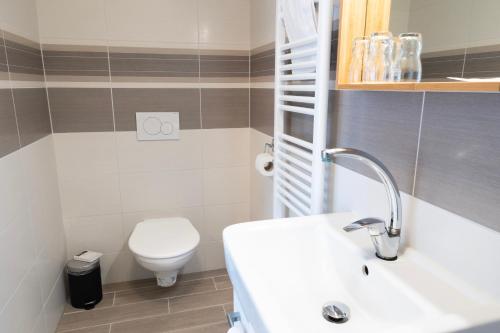 a white bathroom with a toilet and a sink at Penzion Terasa Cibulka in Mikulov