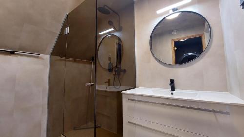 a bathroom with a shower and a sink and a mirror at SPA Hotell Peetrimõisa Villa in Viljandi