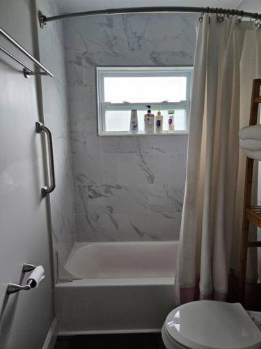 a bathroom with a shower curtain and a toilet at 3 bedroom Casa Azul in Historic Northwood Hills in West Palm Beach