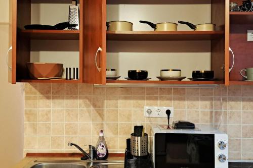 a kitchen with a sink and a microwave at Zöld Orom Apartman Lakás in Göd