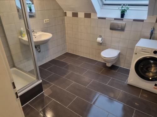 a bathroom with a toilet and a sink and a washing machine at Worker Place Isselburg in Isselburg