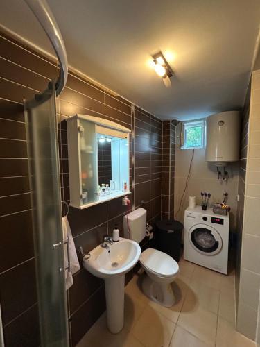 a bathroom with a sink and a toilet and a washing machine at Apartment with three Rooms in Prijevor