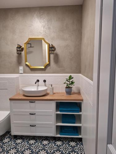 馬爾堡的住宿－SEA Apartment，一间带水槽和镜子的浴室