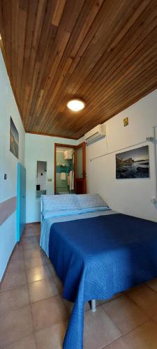 a bedroom with a blue bed with a wooden ceiling at Il melograno la casetta nel verde in Le Grazie