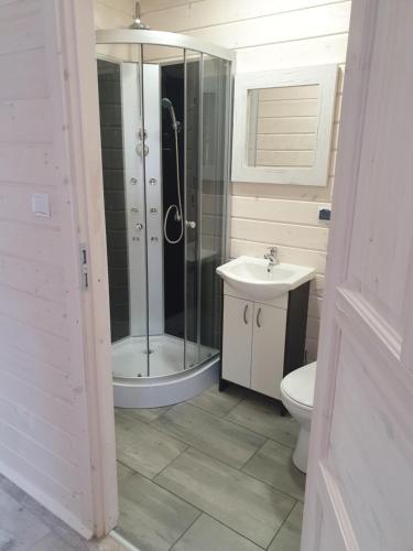 a bathroom with a shower and a toilet and a sink at Neptuno 5 Jantarowa in Chłopy