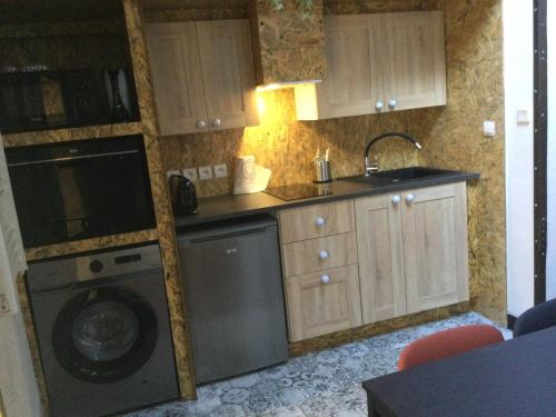 une cuisine avec un évier et une machine à laver dans l'établissement Old Boat, à Nancy