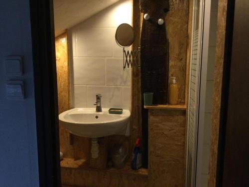 une petite salle de bain avec un lavabo et un miroir dans l'établissement Old Boat, à Nancy