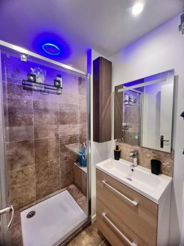une salle de bain avec une douche, un lavabo et des toilettes dans l'établissement Bel appartement à 5 minutes de la plage, au Cap d'Agde