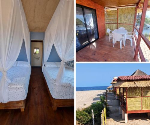 2 fotos de una habitación con cama y mesa en Cabañas Alta Mar en Guayabas