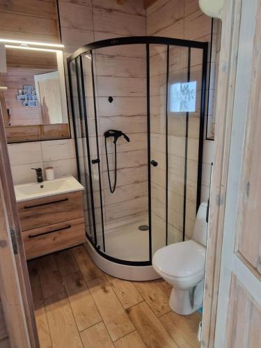 a bathroom with a shower and a toilet at Domki U Wojtka w Niechorzu in Niechorze