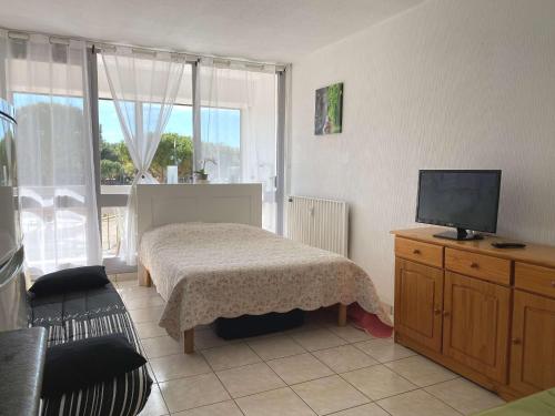 une chambre avec un lit et une télévision à écran plat dans l'établissement Studio confortable avec balcon, proche parc, WIFI, 34540 Balaruc-les-Bains - FR-1-553-24, à Balaruc-les-Bains