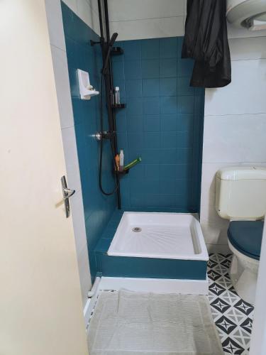 La salle de bains est pourvue d'une douche, de toilettes et de carrelage bleu. dans l'établissement Très joli studio point zéro, clim, à La Grande Motte