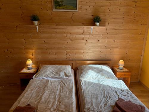 two beds in a room with two lamps on tables at Penzion U Báby in Třeboň