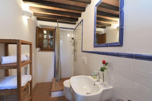 a bathroom with a sink and a toilet and a mirror at Mantegna in Gaiole in Chianti