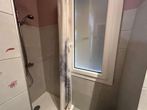 une salle de bain avec douche et fenêtre dans l'établissement Maison climatisée 3 chambres avec terrasse, grand terrain et accès rivière, proche Vallon Pont d'Arc - FR-1-382-118, à Vallon-Pont-dʼArc